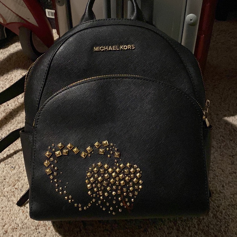 Michael Kors black leather backpack gold heart